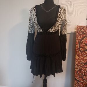 Free People Black And White Long Sleeve Mini Dress